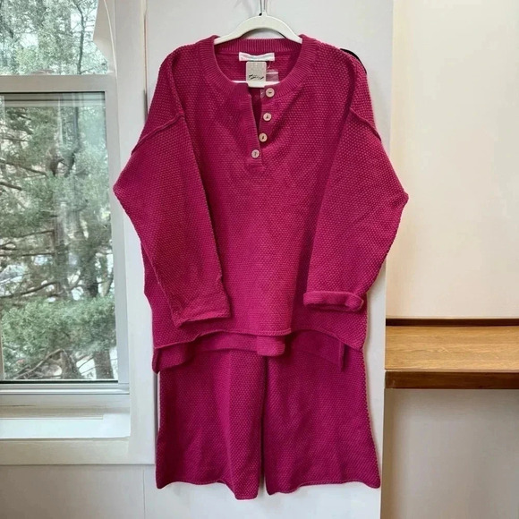 New Free People Hailee Sweater Set Two Piece in Ivory Heather Raspberry Pink - Picture 11 of 13